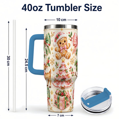 #pl[40oz|Blue] Pink Gingerbread Christmas 40oz Tumbler with Handle, Festive Bow Art