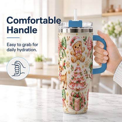 #pl[40oz|Blue] Pink Gingerbread Christmas 40oz Tumbler with Handle, Festive Bow Art
