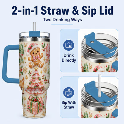 #pl[40oz|Blue] Pink Gingerbread Christmas 40oz Tumbler with Handle, Festive Bow Art