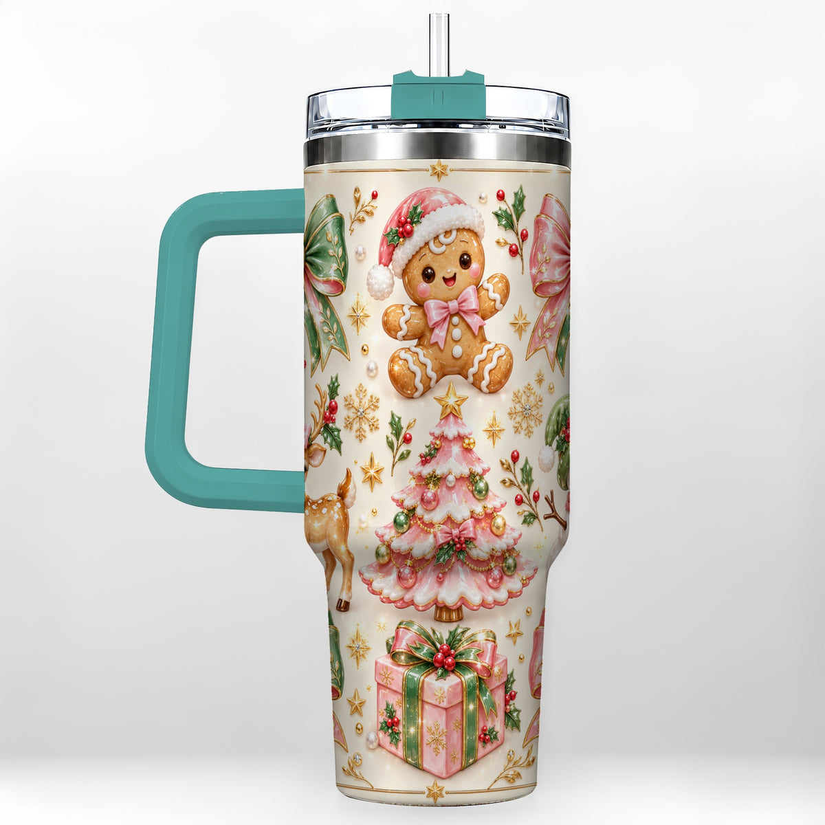 #pl[40oz|Green] Pink Gingerbread Christmas 40oz Tumbler with Handle, Festive Bow Art
