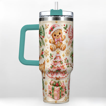 #pl[40oz|Green] Pink Gingerbread Christmas 40oz Tumbler with Handle, Festive Bow Art