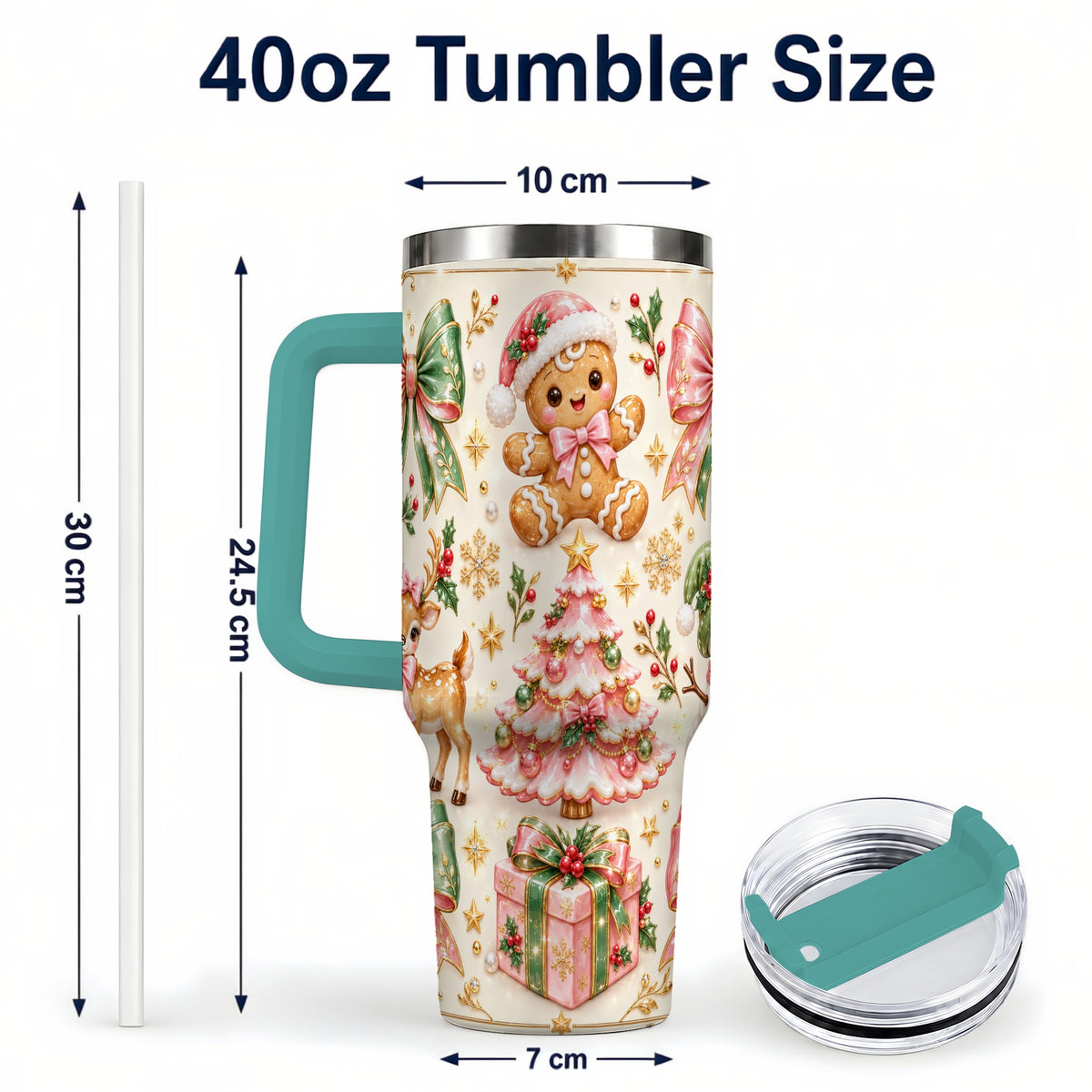 #pl[40oz|Green] Pink Gingerbread Christmas 40oz Tumbler with Handle, Festive Bow Art