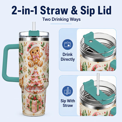 #pl[40oz|Green] Pink Gingerbread Christmas 40oz Tumbler with Handle, Festive Bow Art