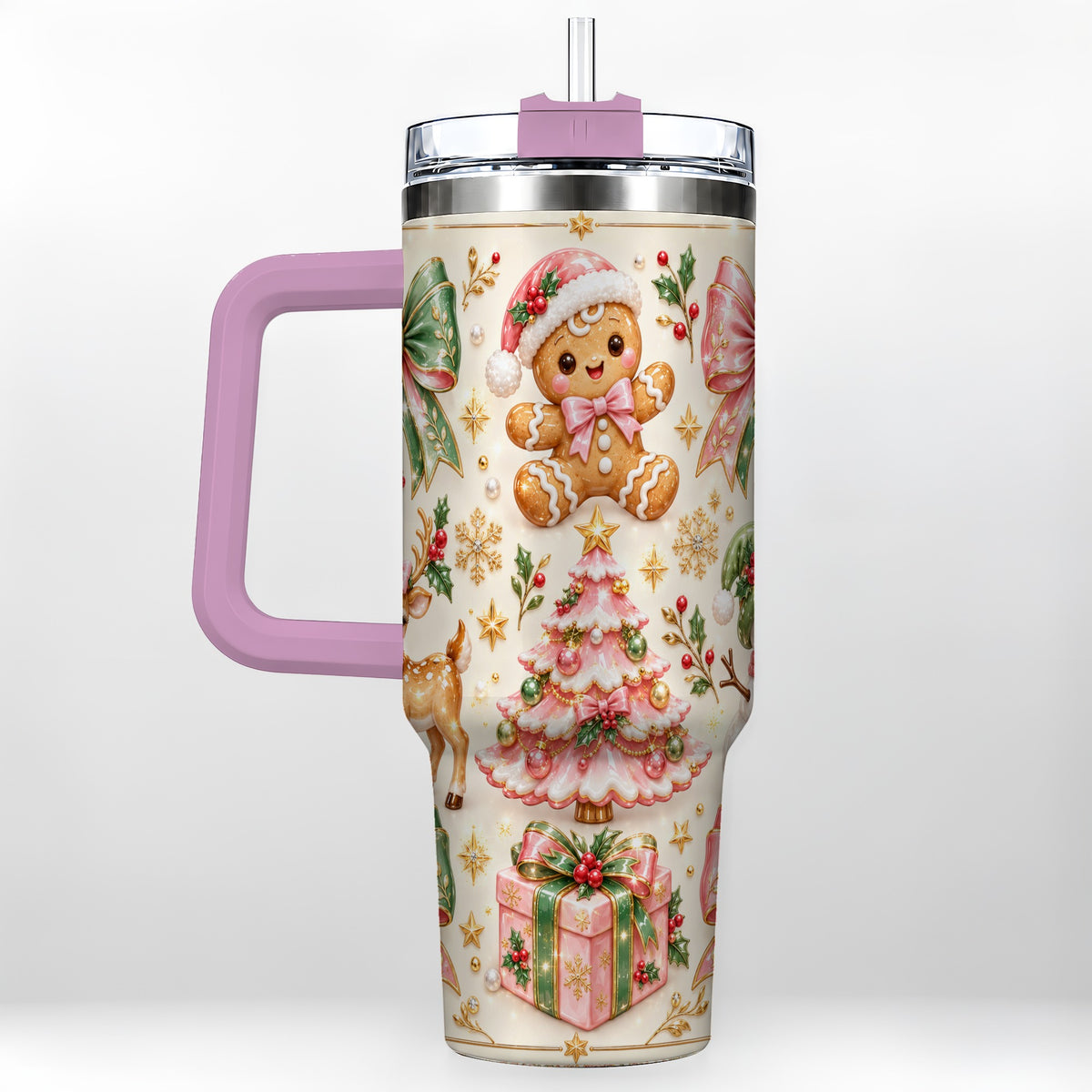 #pl[40oz|Pink] Pink Gingerbread Christmas 40oz Tumbler with Handle, Festive Bow Art