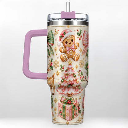 #pl[40oz|Pink] Pink Gingerbread Christmas 40oz Tumbler with Handle, Festive Bow Art