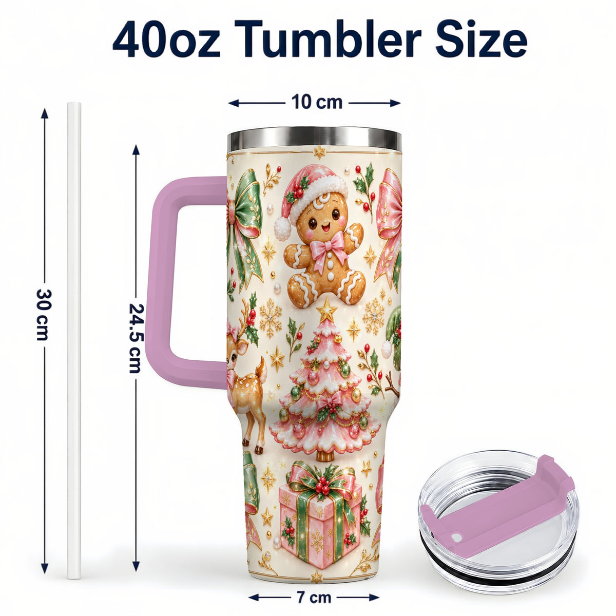 #pl[40oz|Pink] Pink Gingerbread Christmas 40oz Tumbler with Handle, Festive Bow Art