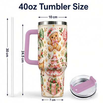 #pl[40oz|Pink] Pink Gingerbread Christmas 40oz Tumbler with Handle, Festive Bow Art