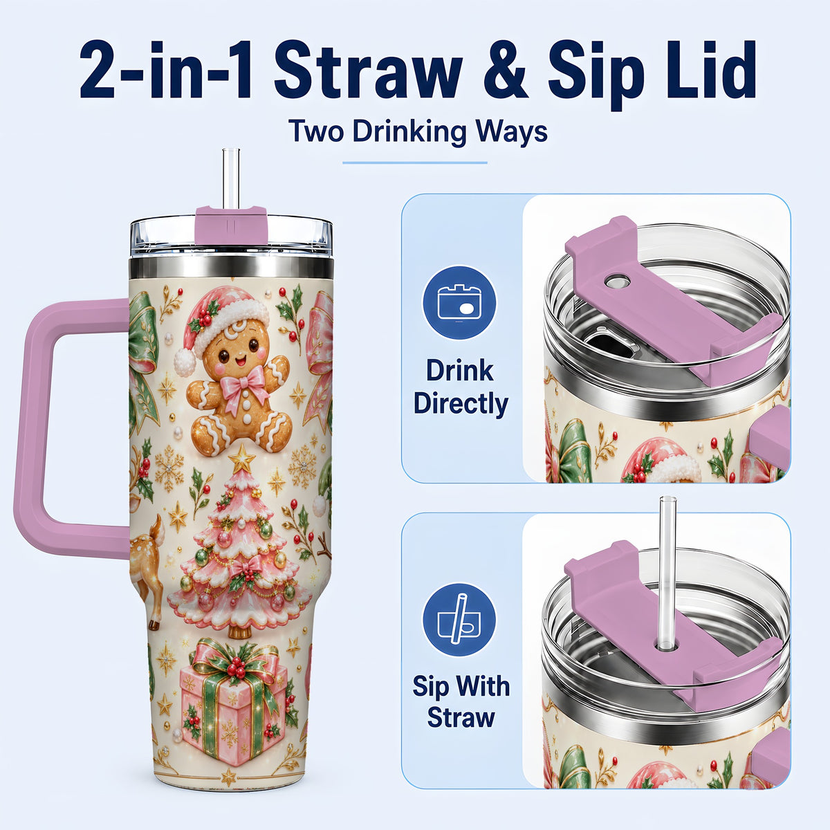 #pl[40oz|Pink] Pink Gingerbread Christmas 40oz Tumbler with Handle, Festive Bow Art