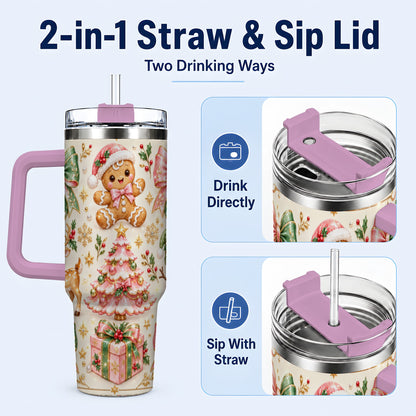 #pl[40oz|Pink] Pink Gingerbread Christmas 40oz Tumbler with Handle, Festive Bow Art