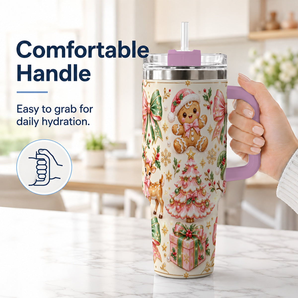 #pl[40oz|Pink] Pink Gingerbread Christmas 40oz Tumbler with Handle, Festive Bow Art