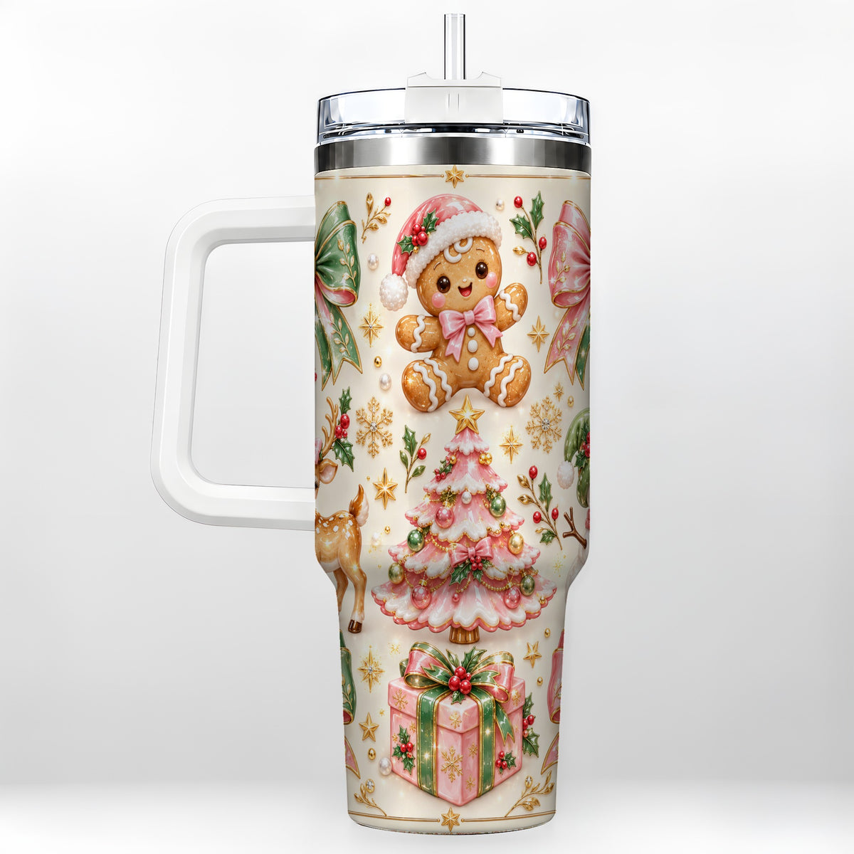 Pink Gingerbread Christmas 40oz Tumbler with Handle, Festive Bow Art