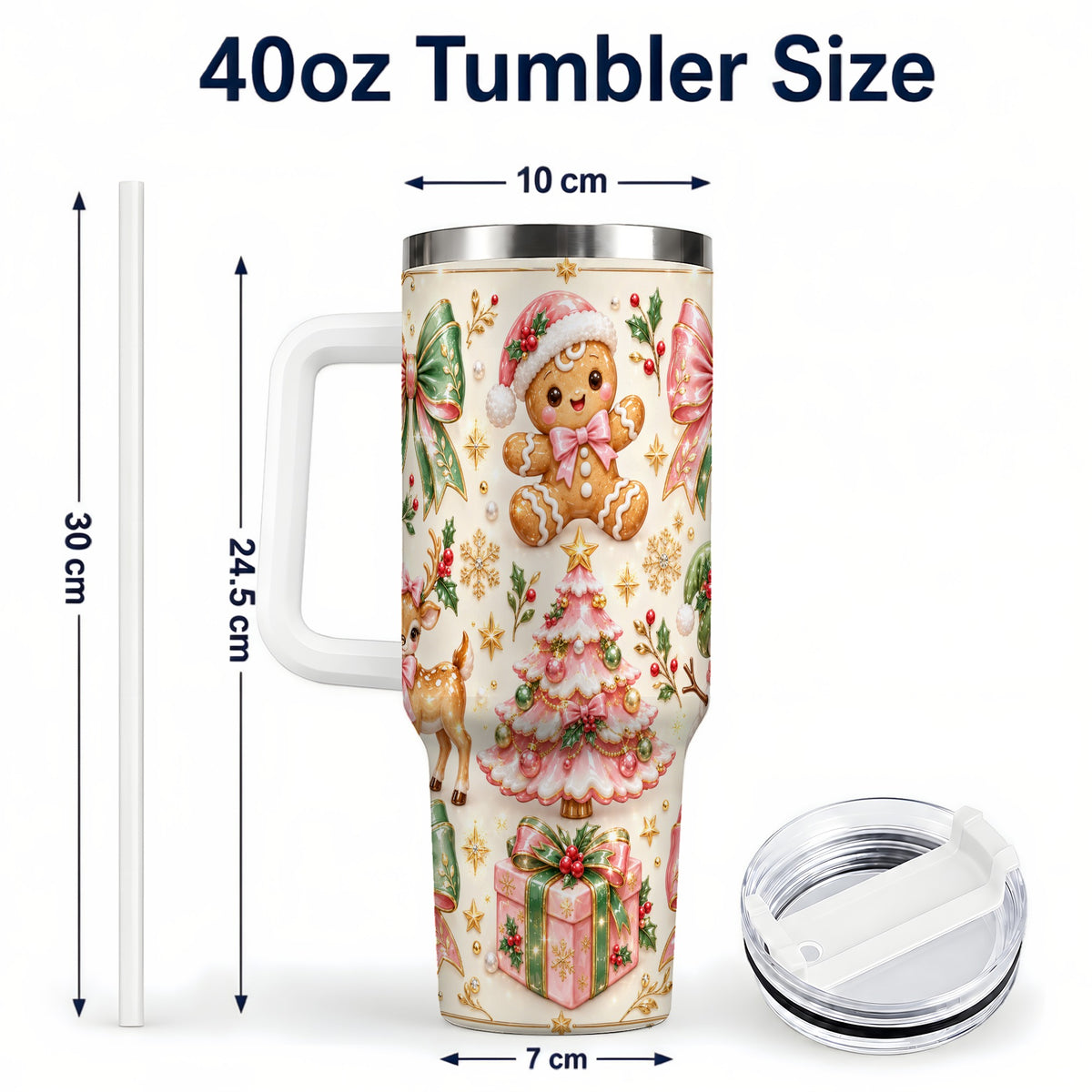 #pl[40oz|White] Pink Gingerbread Christmas 40oz Tumbler with Handle, Festive Bow Art