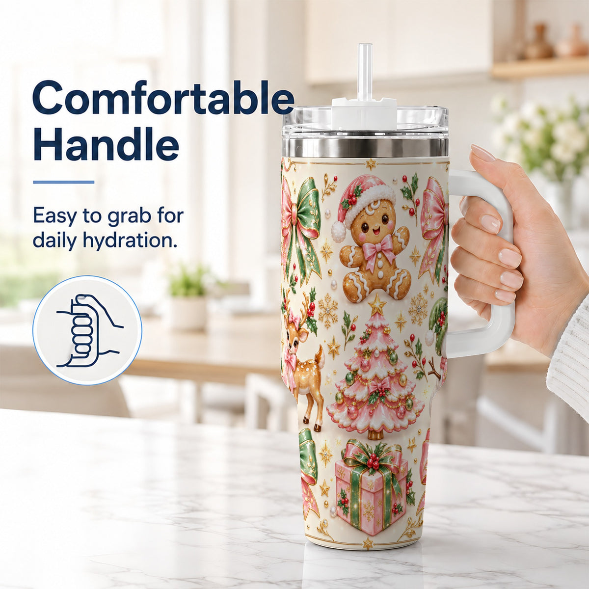 #pl[40oz|White] Pink Gingerbread Christmas 40oz Tumbler with Handle, Festive Bow Art