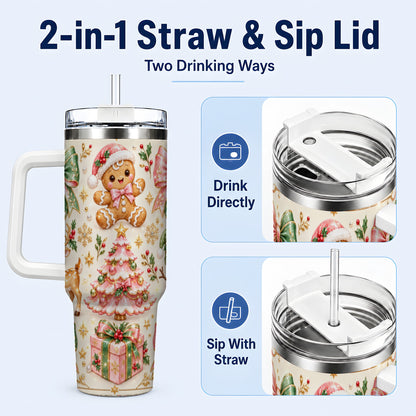 #pl[40oz|White] Pink Gingerbread Christmas 40oz Tumbler with Handle, Festive Bow Art