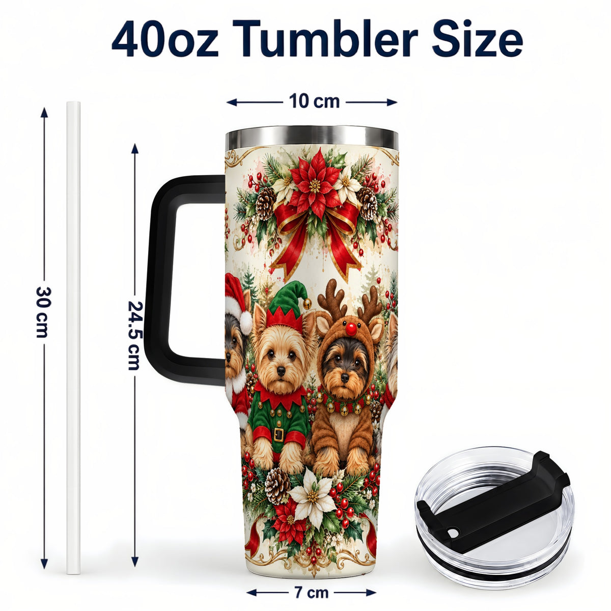 #pl[40oz|Black] Yorkie Christmas 40oz Tumbler with Handle, Festive Yorkshire Terrier Art
