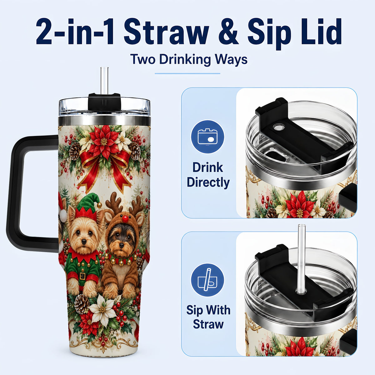 #pl[40oz|Black] Yorkie Christmas 40oz Tumbler with Handle, Festive Yorkshire Terrier Art