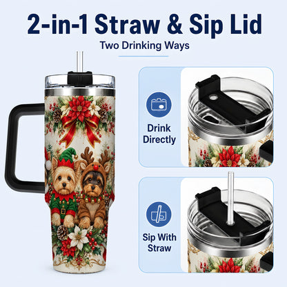 #pl[40oz|Black] Yorkie Christmas 40oz Tumbler with Handle, Festive Yorkshire Terrier Art