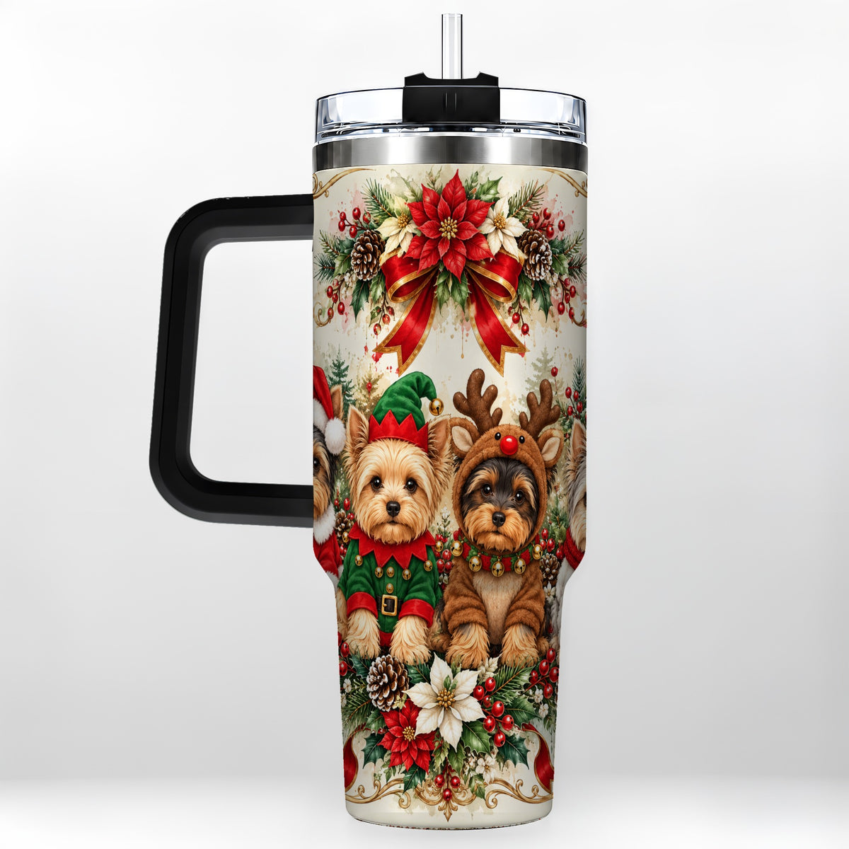 #pl[40oz|Black] Yorkie Christmas 40oz Tumbler with Handle, Festive Yorkshire Terrier Art