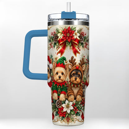 #pl[40oz|Blue] Yorkie Christmas 40oz Tumbler with Handle, Festive Yorkshire Terrier Art