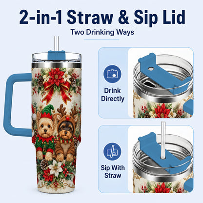 #pl[40oz|Blue] Yorkie Christmas 40oz Tumbler with Handle, Festive Yorkshire Terrier Art