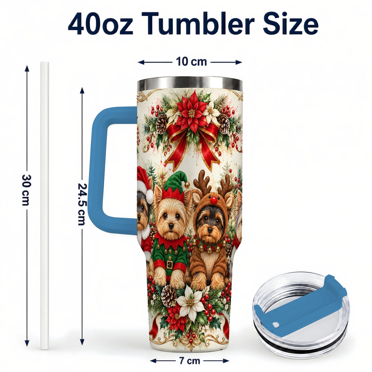 #pl[40oz|Blue] Yorkie Christmas 40oz Tumbler with Handle, Festive Yorkshire Terrier Art