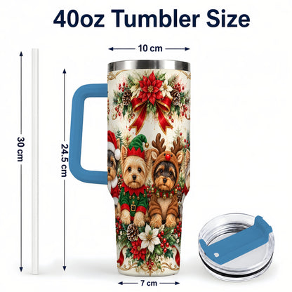 #pl[40oz|Blue] Yorkie Christmas 40oz Tumbler with Handle, Festive Yorkshire Terrier Art