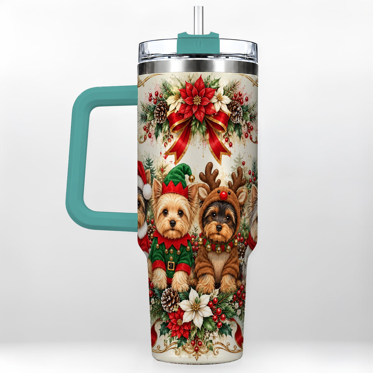 #pl[40oz|Green] Yorkie Christmas 40oz Tumbler with Handle, Festive Yorkshire Terrier Art