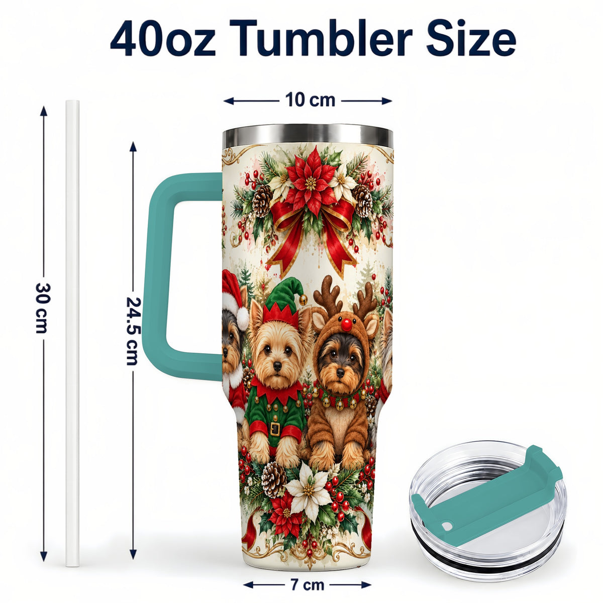 #pl[40oz|Green] Yorkie Christmas 40oz Tumbler with Handle, Festive Yorkshire Terrier Art