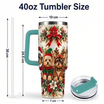 #pl[40oz|Green] Yorkie Christmas 40oz Tumbler with Handle, Festive Yorkshire Terrier Art