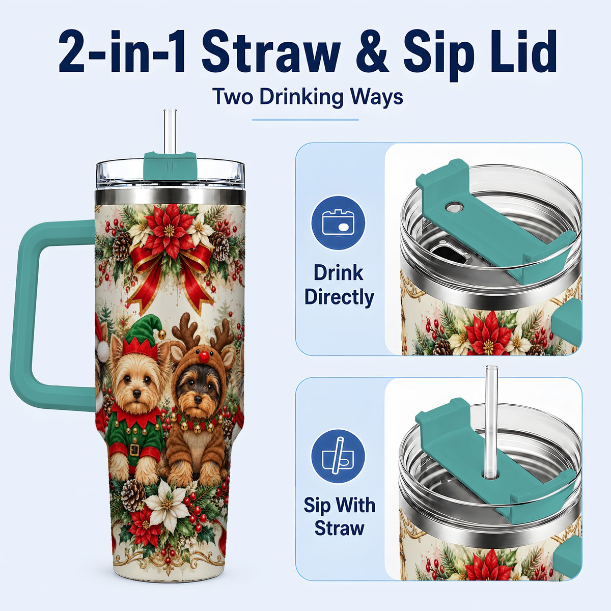 #pl[40oz|Green] Yorkie Christmas 40oz Tumbler with Handle, Festive Yorkshire Terrier Art