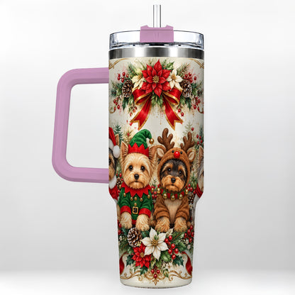 #pl[40oz|Pink] Yorkie Christmas 40oz Tumbler with Handle, Festive Yorkshire Terrier Art