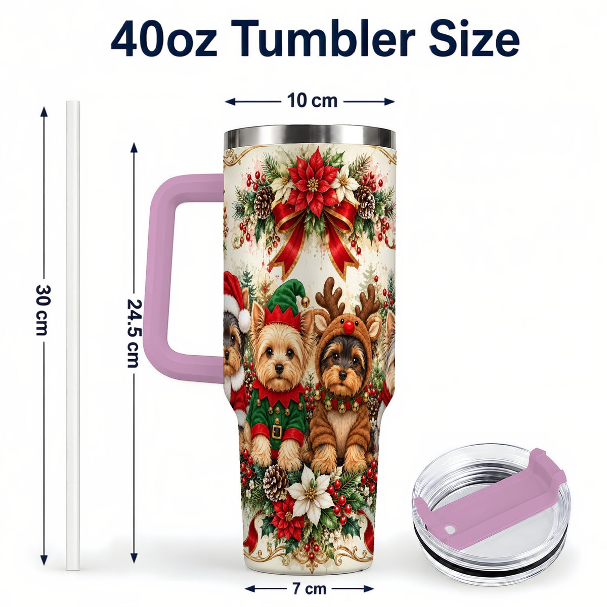 #pl[40oz|Pink] Yorkie Christmas 40oz Tumbler with Handle, Festive Yorkshire Terrier Art