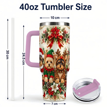 #pl[40oz|Pink] Yorkie Christmas 40oz Tumbler with Handle, Festive Yorkshire Terrier Art