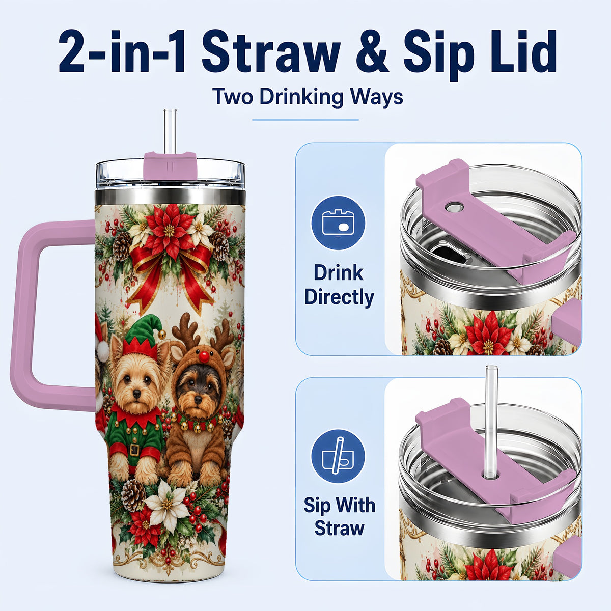 #pl[40oz|Pink] Yorkie Christmas 40oz Tumbler with Handle, Festive Yorkshire Terrier Art