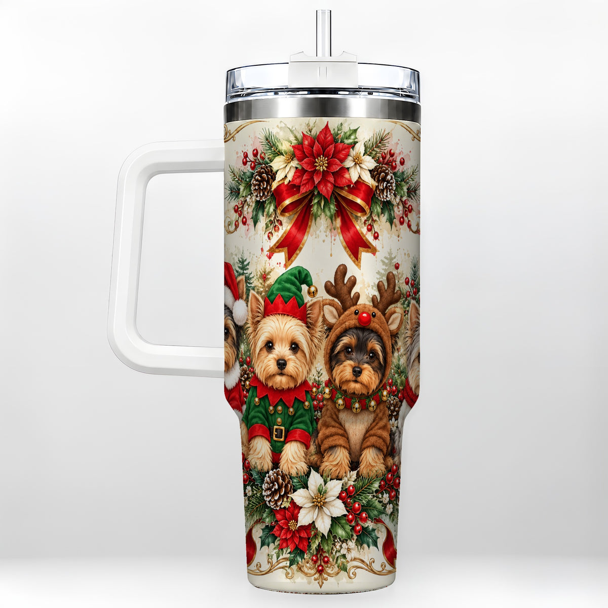 Yorkie Christmas 40oz Tumbler with Handle, Festive Yorkshire Terrier Art