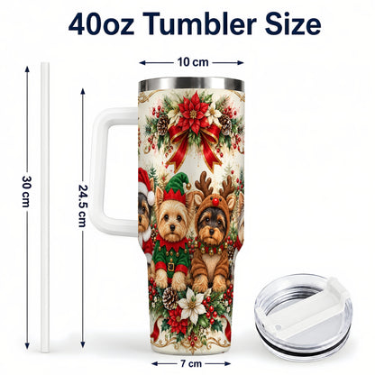 #pl[40oz|White] Yorkie Christmas 40oz Tumbler with Handle, Festive Yorkshire Terrier Art