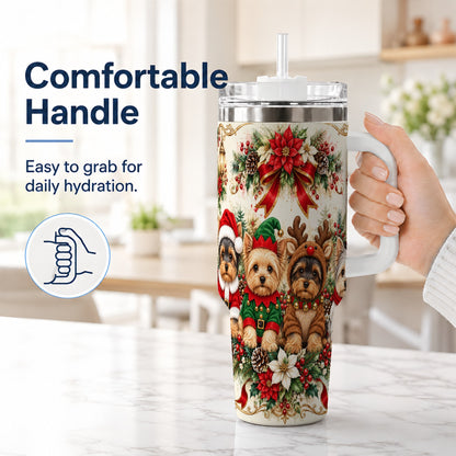 #pl[40oz|White] Yorkie Christmas 40oz Tumbler with Handle, Festive Yorkshire Terrier Art