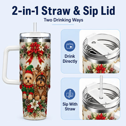 #pl[40oz|White] Yorkie Christmas 40oz Tumbler with Handle, Festive Yorkshire Terrier Art