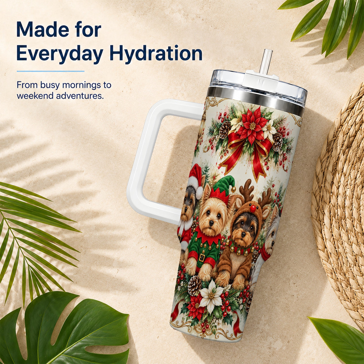 Yorkie Christmas 40oz Tumbler with Handle, Festive Yorkshire Terrier Art