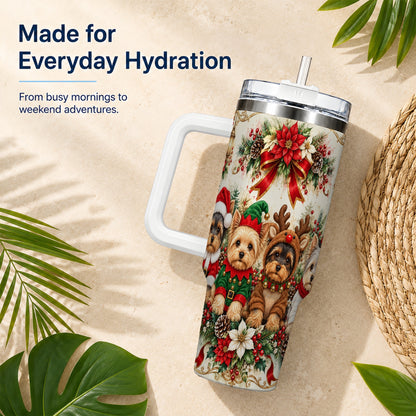 Yorkie Christmas 40oz Tumbler with Handle, Festive Yorkshire Terrier Art