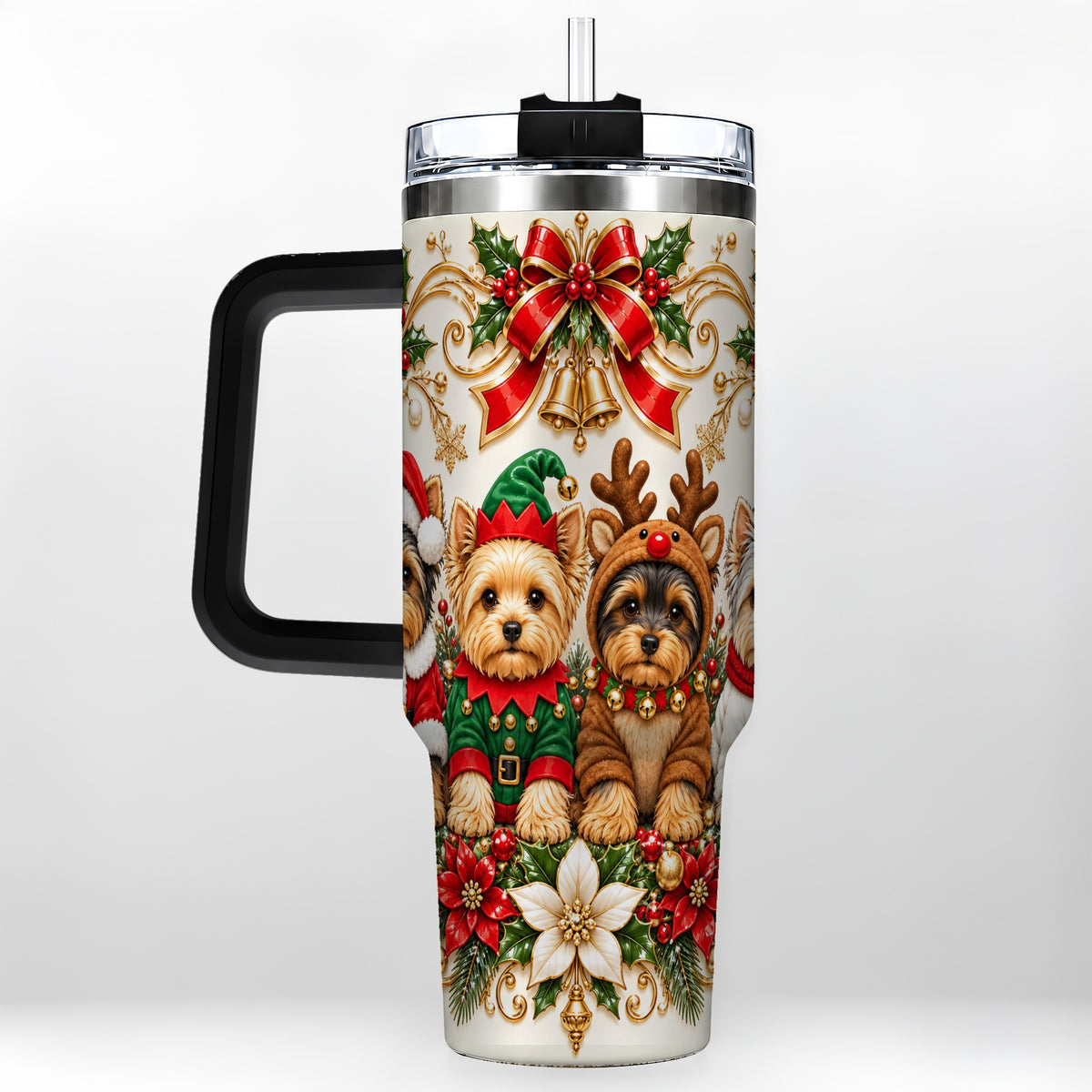 #pl[40oz|Black] Christmas Yorkie 40oz Tumbler with Handle, Festive Dog Portrait