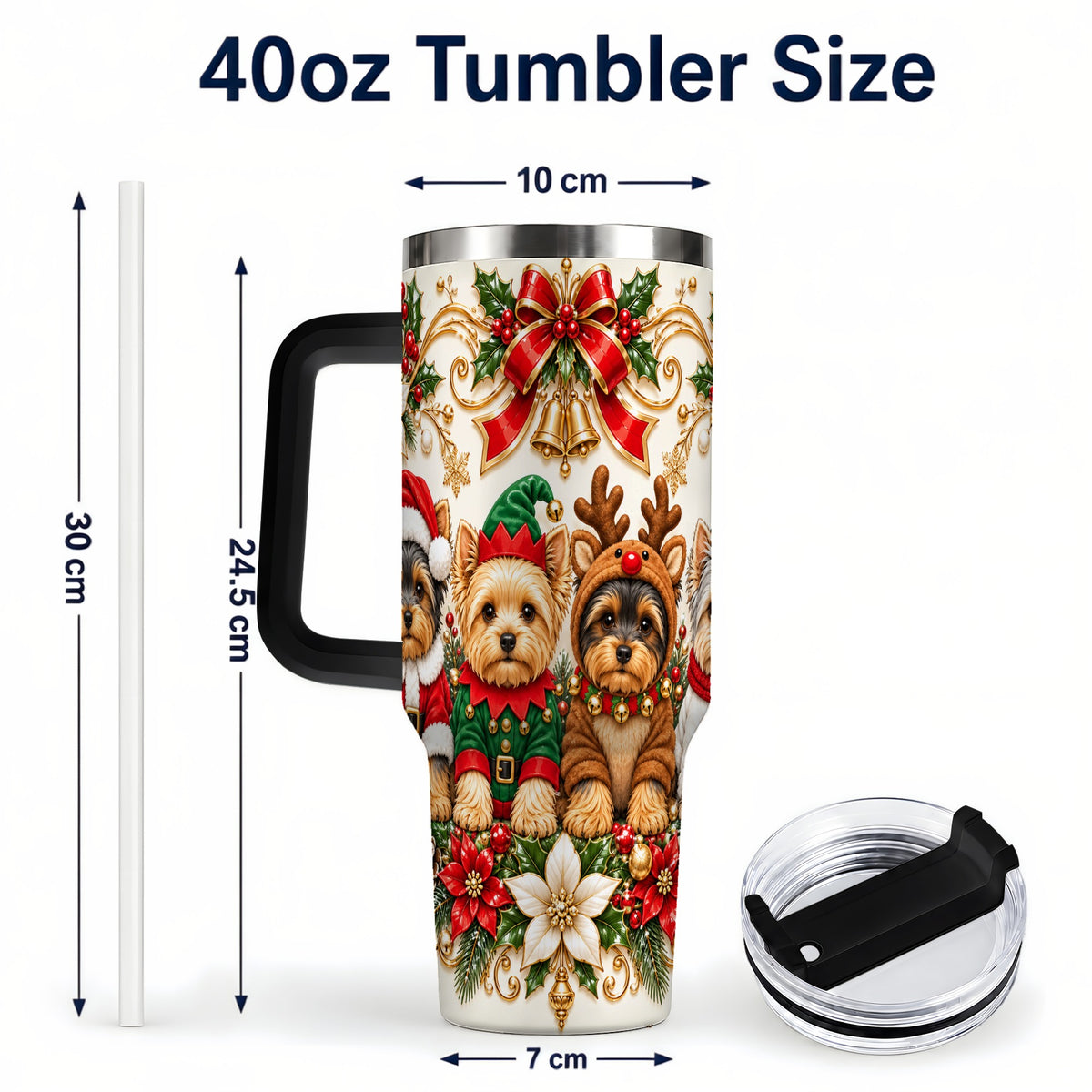 #pl[40oz|Black] Christmas Yorkie 40oz Tumbler with Handle, Festive Dog Portrait
