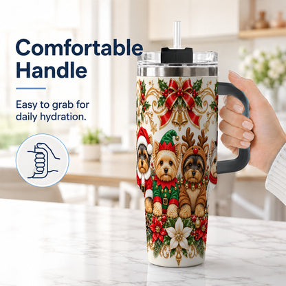 #pl[40oz|Black] Christmas Yorkie 40oz Tumbler with Handle, Festive Dog Portrait