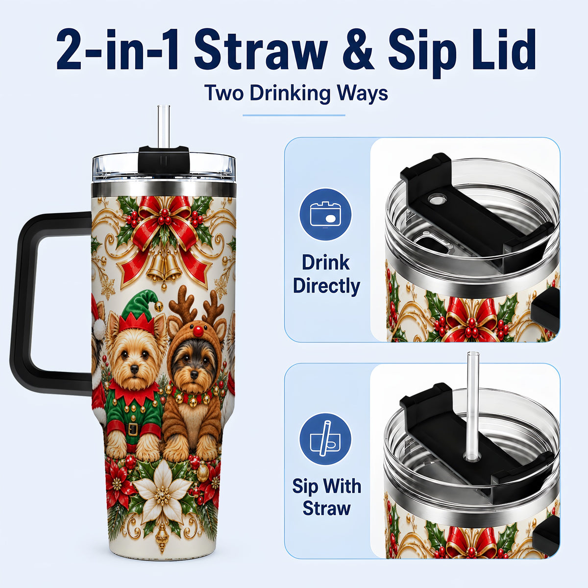 #pl[40oz|Black] Christmas Yorkie 40oz Tumbler with Handle, Festive Dog Portrait