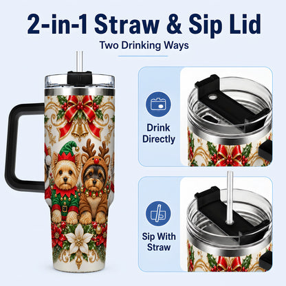 #pl[40oz|Black] Christmas Yorkie 40oz Tumbler with Handle, Festive Dog Portrait