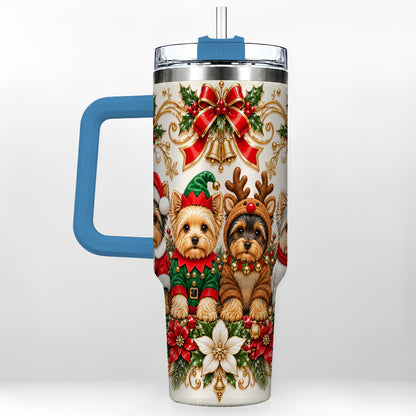 #pl[40oz|Blue] Christmas Yorkie 40oz Tumbler with Handle, Festive Dog Portrait