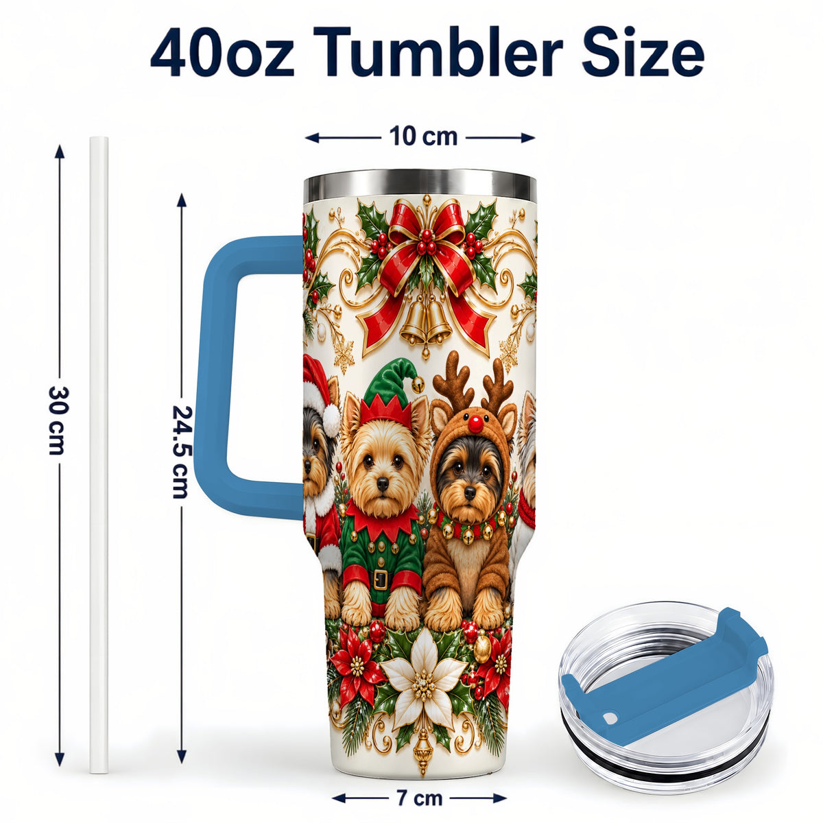 #pl[40oz|Blue] Christmas Yorkie 40oz Tumbler with Handle, Festive Dog Portrait