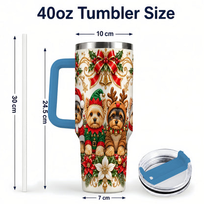#pl[40oz|Blue] Christmas Yorkie 40oz Tumbler with Handle, Festive Dog Portrait