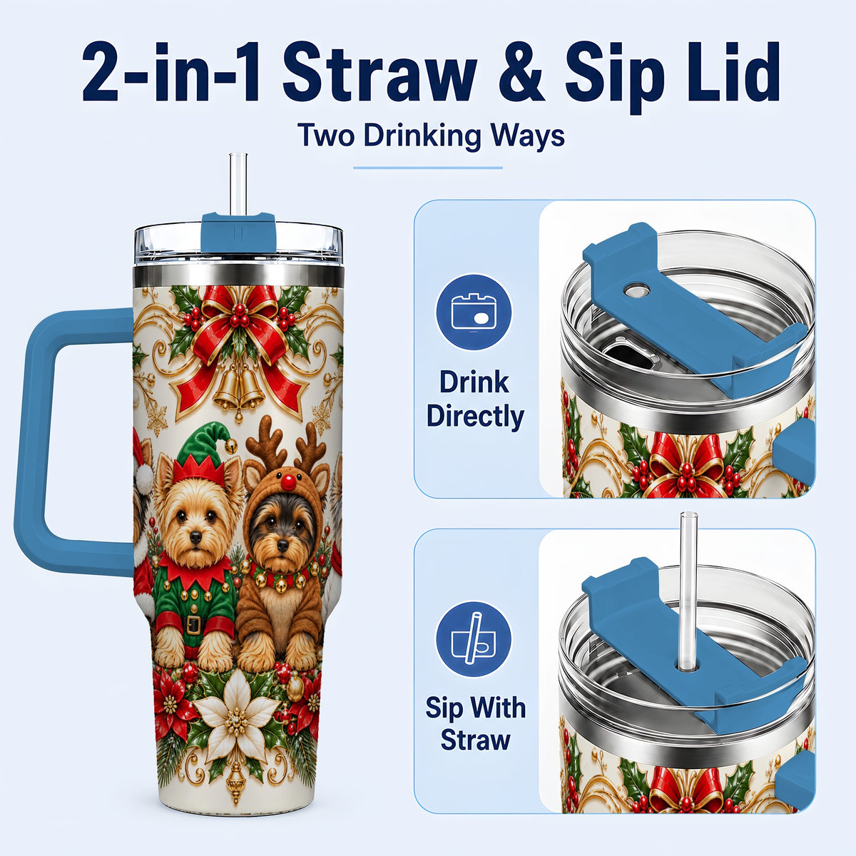 #pl[40oz|Blue] Christmas Yorkie 40oz Tumbler with Handle, Festive Dog Portrait