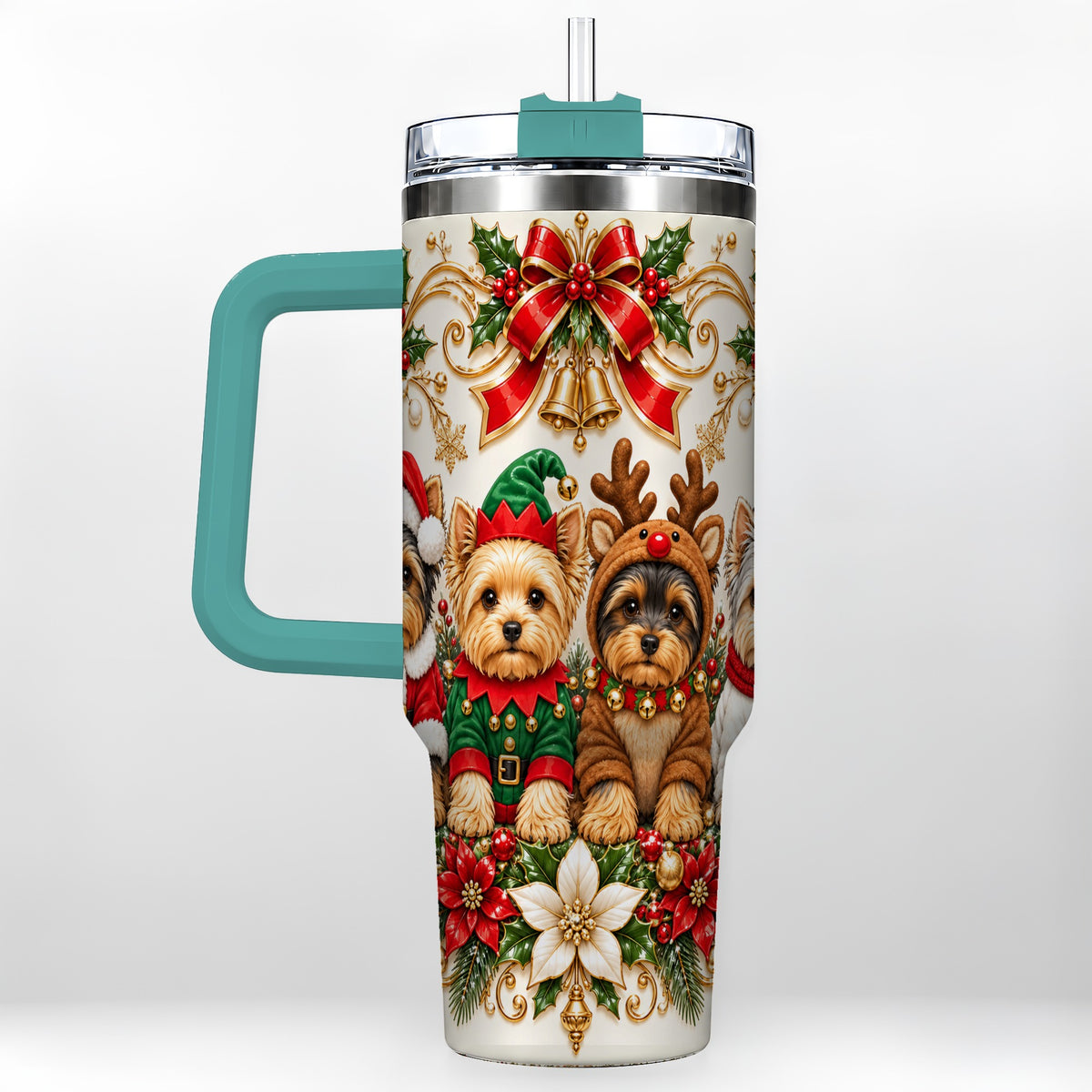#pl[40oz|Green] Christmas Yorkie 40oz Tumbler with Handle, Festive Dog Portrait